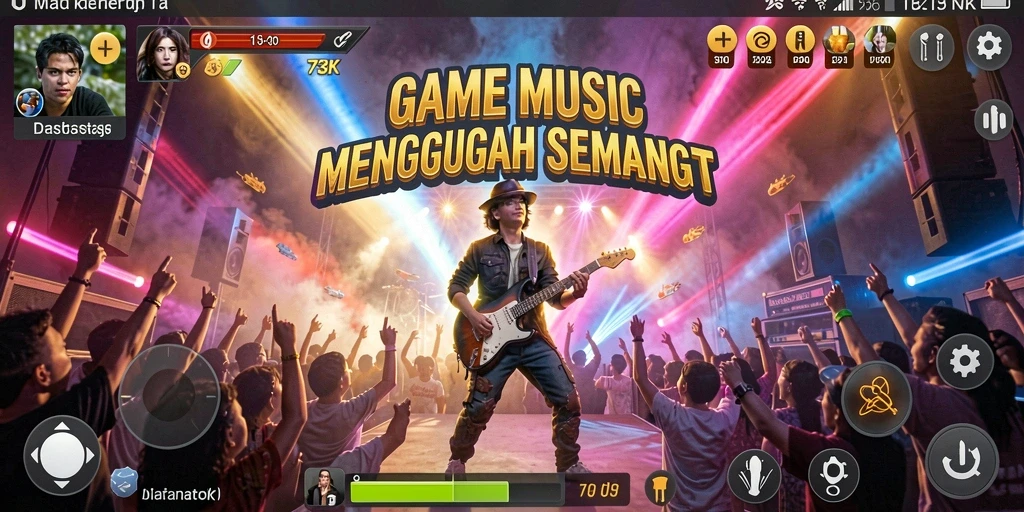 Screenshot gameplay <strong>73K</strong> menampilkan aksi bermain musik yang dinamis.