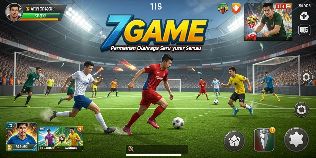 Screenshot utama 7GAME menampilkan aksi seru di lapangan olahraga.