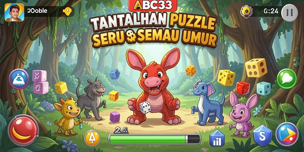 Screenshot gameplay ABC33 yang menampilkan tantangan Puzzle penuh warna.