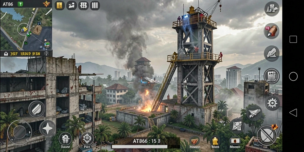 Screenshot AT866 menampilkan aksi pertahanan menara yang seru.