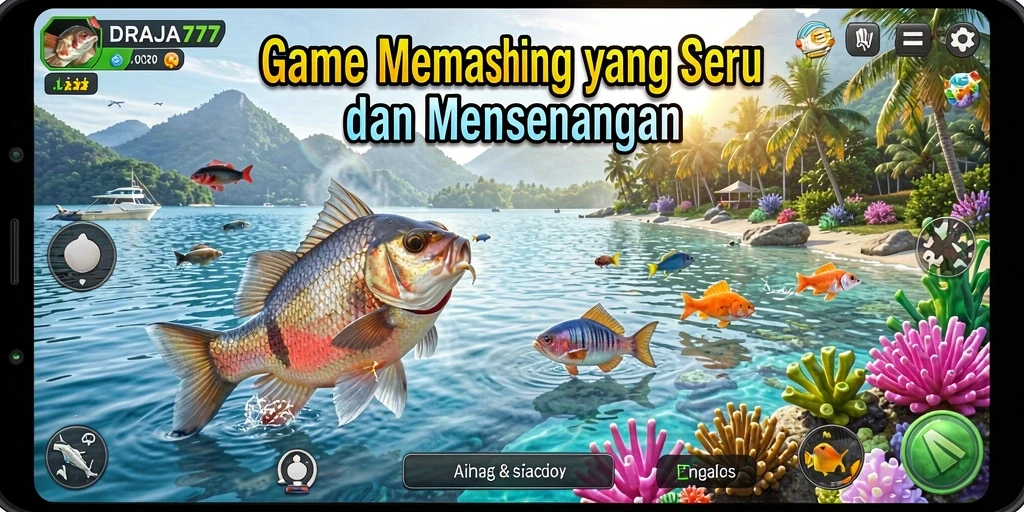 Screenshot menunjukkan pemain sedang memancing di lokasi yang indah.