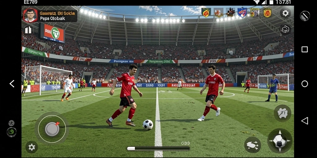 Screenshot gameplay EE789 menampilkan aksi seru di lapangan sepak bola.