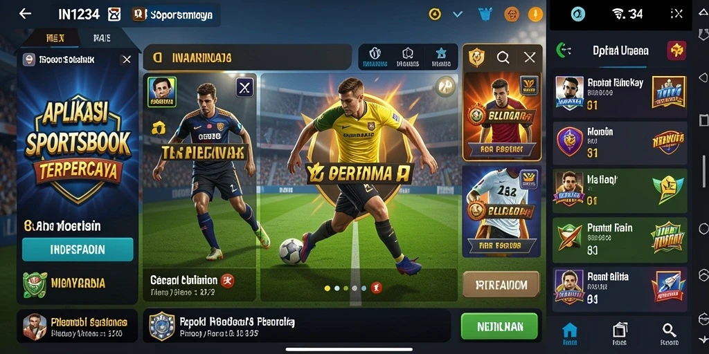Screenshot dari gameplay aplikasi Sportsbook IN1234 yang menunjukkan antarmuka taruhan.