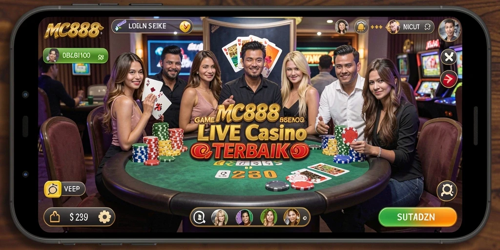 Screenshot gameplay MC888 menampilkan dealer live yang interaktif dan suasana kasino yang mengasyikkan.