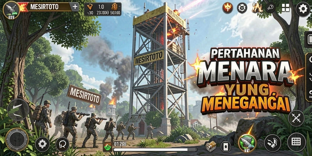 Tampilan gameplay MESIRTOTO dengan menara yang megah dan musuh yang menantang.