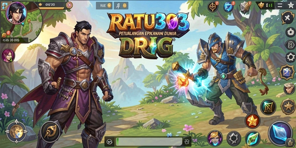 Screenshot menunjukkan karakter beraksi dalam pertarungan epik di RATU303.