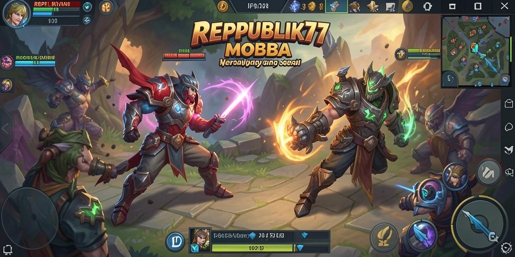 Screenshot menunjukkan aksi seru dalam pertempuran MOBA REPUBLIK77.