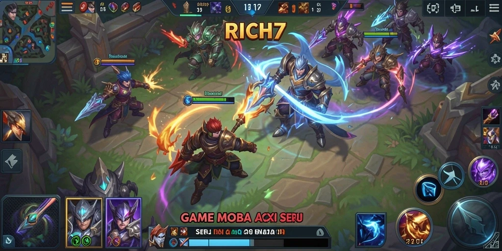 Tangkapan layar permainan RICH7 dengan aksi MOBA yang intens.