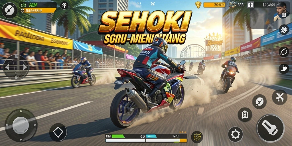 Screenshot gameplay SEHOKI menampilkan balapan motor yang penuh aksi.