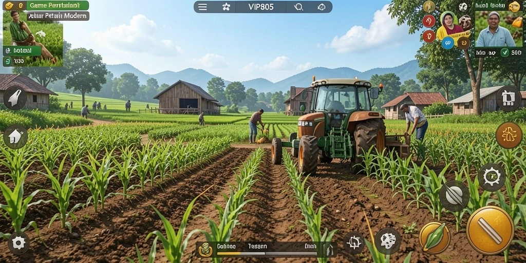 Screenshot menunjukkan gameplay seru saat mengelola pertanian.