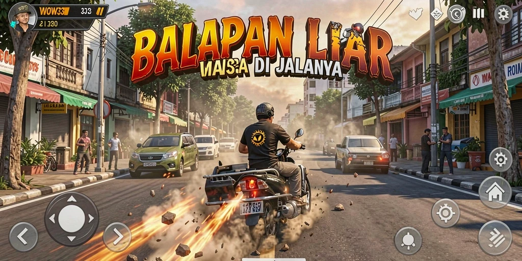 Tangkapan layar utama WOW33 menampilkan aksi balapan yang mendebarkan.