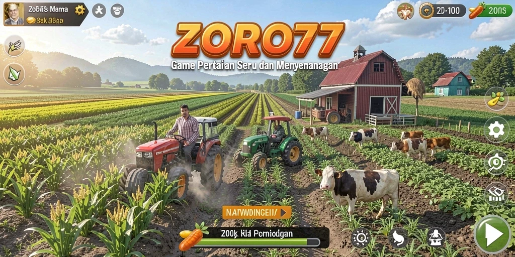 Screenshot ZORO77 menampilkan petani sedang merawat tanamannya dengan gembira.
